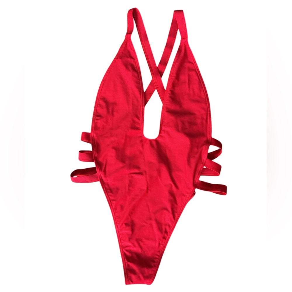 Matte Collection Red One Piece Swimsuit Cutout Strappy Back Size Large